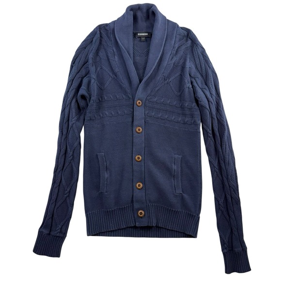 Express Other - Express Sz S Cardigan Sweater Shawl Collar Fisherman Navy Knit Button Front Mens